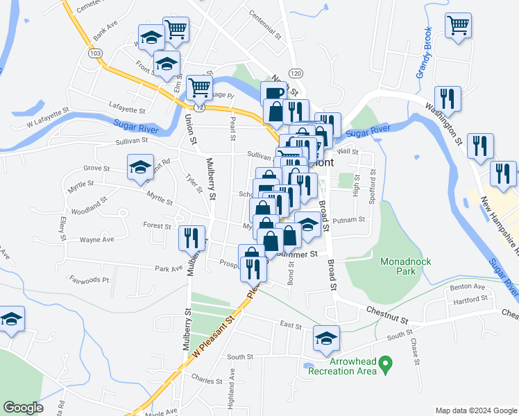 map of restaurants, bars, coffee shops, grocery stores, and more near 93 Pleasant Street in Claremont