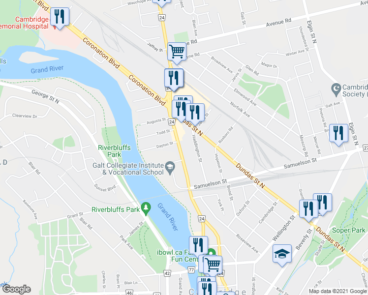 map of restaurants, bars, coffee shops, grocery stores, and more near 247 Waterloo Regional Road 24 in Cambridge