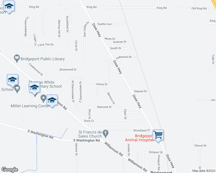 map of restaurants, bars, coffee shops, grocery stores, and more near 3123 Vessy Drive in Saginaw