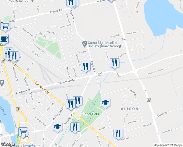 map of restaurants, bars, coffee shops, grocery stores, and more near 210 Samuelson Street in Cambridge