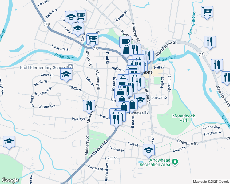 map of restaurants, bars, coffee shops, grocery stores, and more near 45 Walnut Street in Claremont