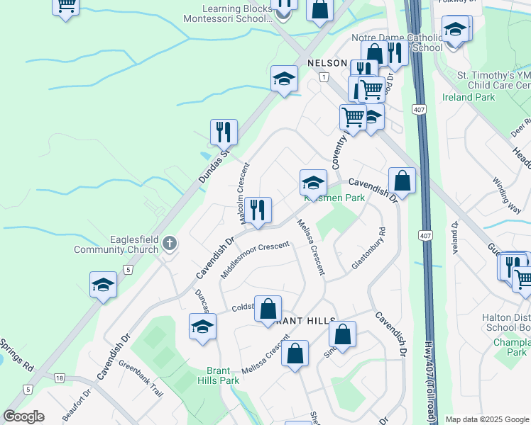 map of restaurants, bars, coffee shops, grocery stores, and more near 2346 Arnold Crescent in Burlington