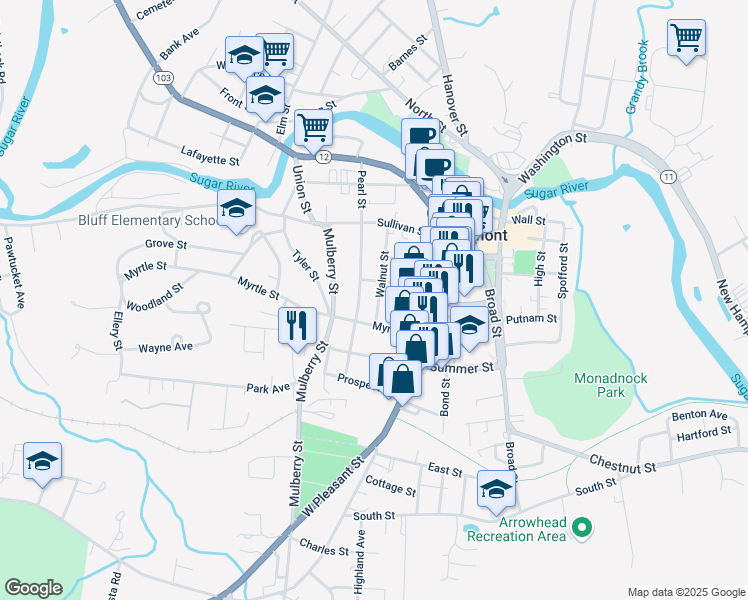 map of restaurants, bars, coffee shops, grocery stores, and more near 45 Walnut Street in Claremont