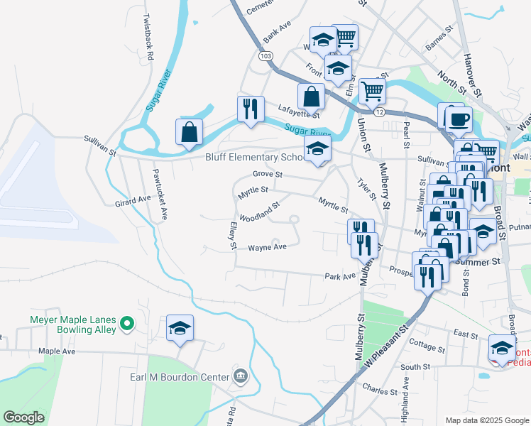 map of restaurants, bars, coffee shops, grocery stores, and more near 35 Woodland St in Claremont