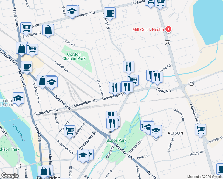 map of restaurants, bars, coffee shops, grocery stores, and more near 11 Mercer Road in Cambridge