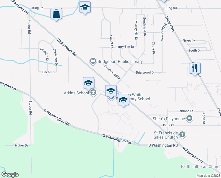 map of restaurants, bars, coffee shops, grocery stores, and more near 3625 Southfield Drive in Saginaw