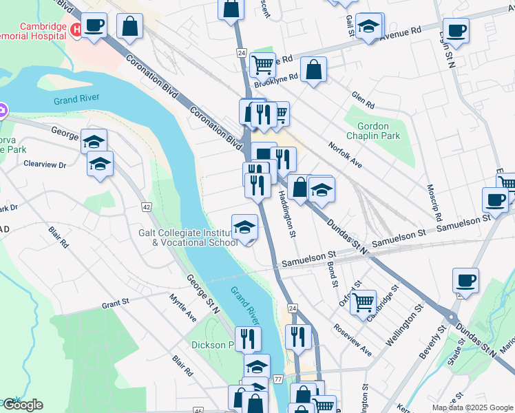 map of restaurants, bars, coffee shops, grocery stores, and more near 247 Waterloo Regional Road 24 in Cambridge