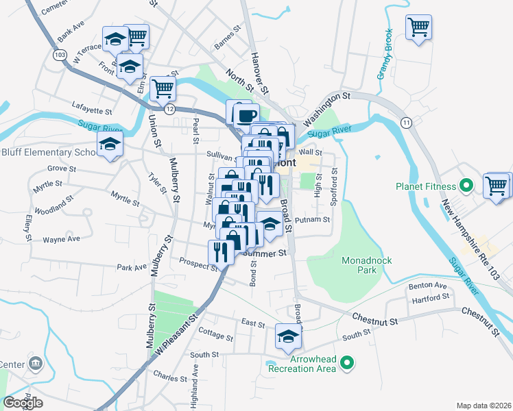 map of restaurants, bars, coffee shops, grocery stores, and more near 72 Pleasant Street in Claremont
