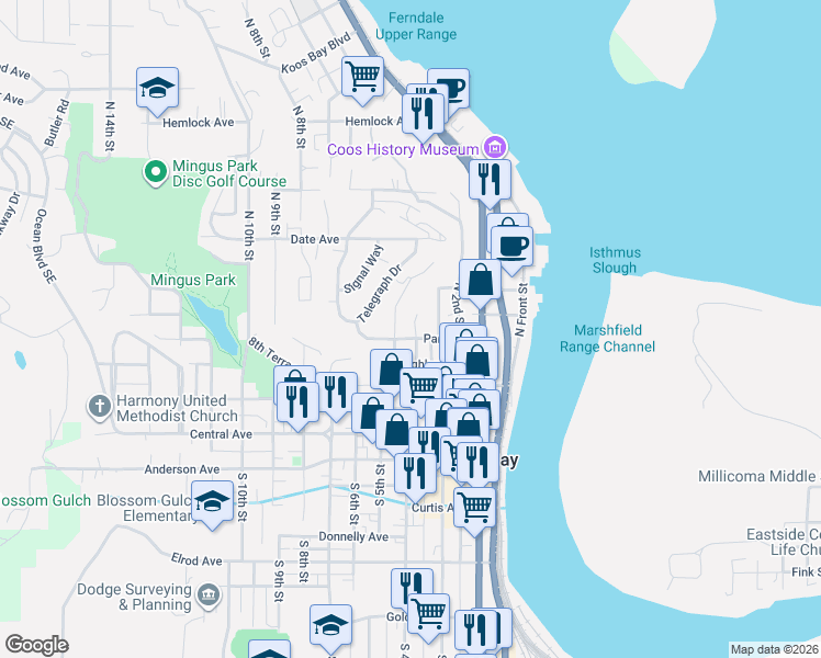 map of restaurants, bars, coffee shops, grocery stores, and more near 420 Park Avenue in Coos Bay