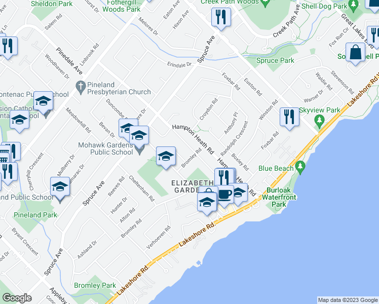 map of restaurants, bars, coffee shops, grocery stores, and more near 212 Hammersmith Court in Burlington