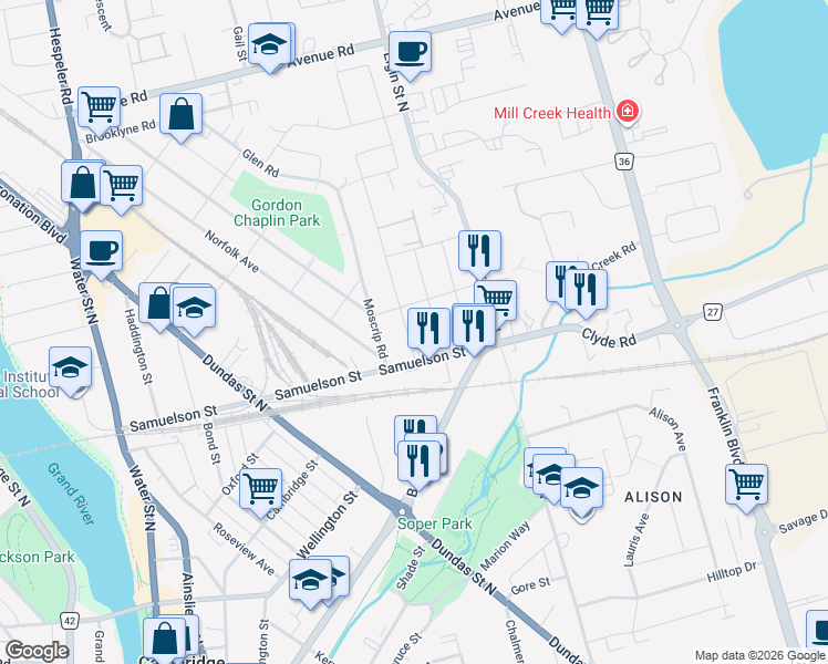 map of restaurants, bars, coffee shops, grocery stores, and more near 11 Mercer Road in Cambridge