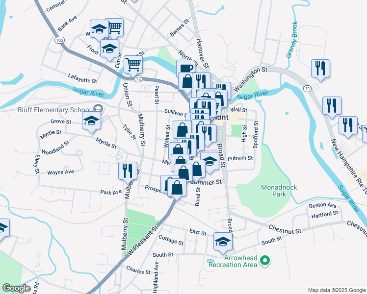 map of restaurants, bars, coffee shops, grocery stores, and more near 93 Pleasant Street in Claremont