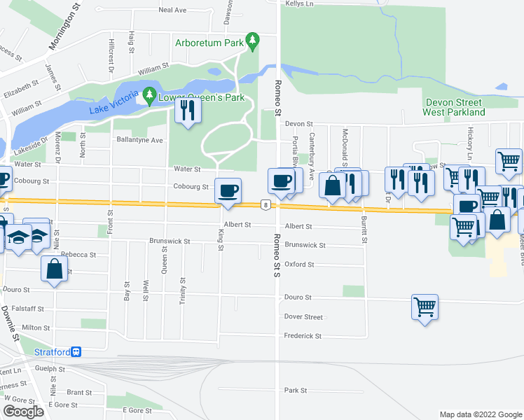 map of restaurants, bars, coffee shops, grocery stores, and more near 551 Ontario Street in Stratford