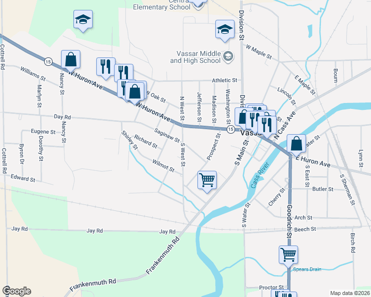 map of restaurants, bars, coffee shops, grocery stores, and more near 229 South West Street in Vassar