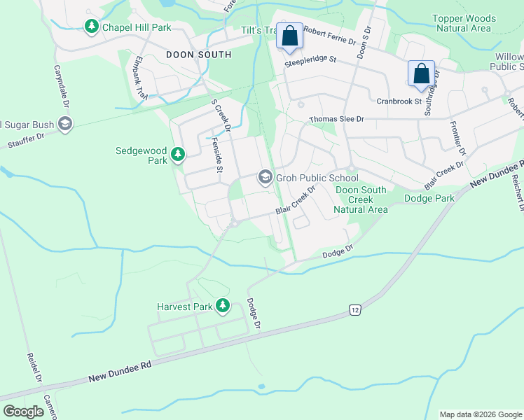 map of restaurants, bars, coffee shops, grocery stores, and more near 6 Bank Swallow Crescent in Kitchener