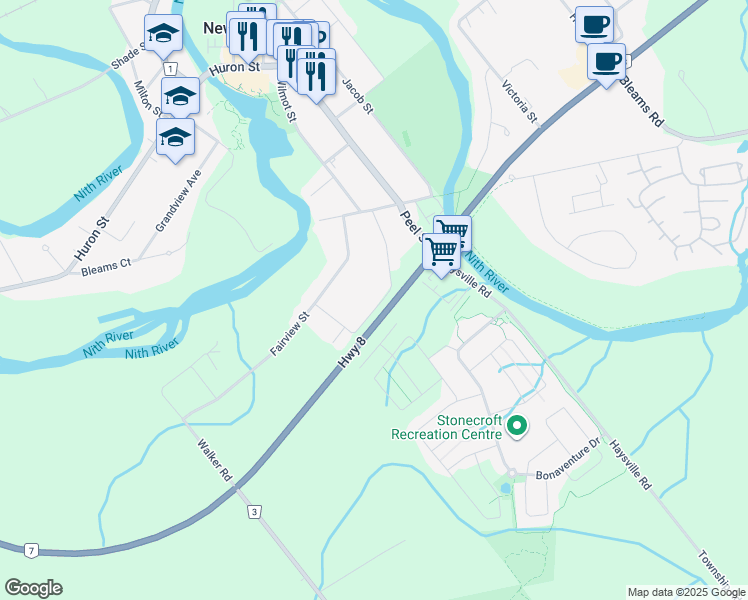 map of restaurants, bars, coffee shops, grocery stores, and more near 442 Joseph Street in New Hamburg
