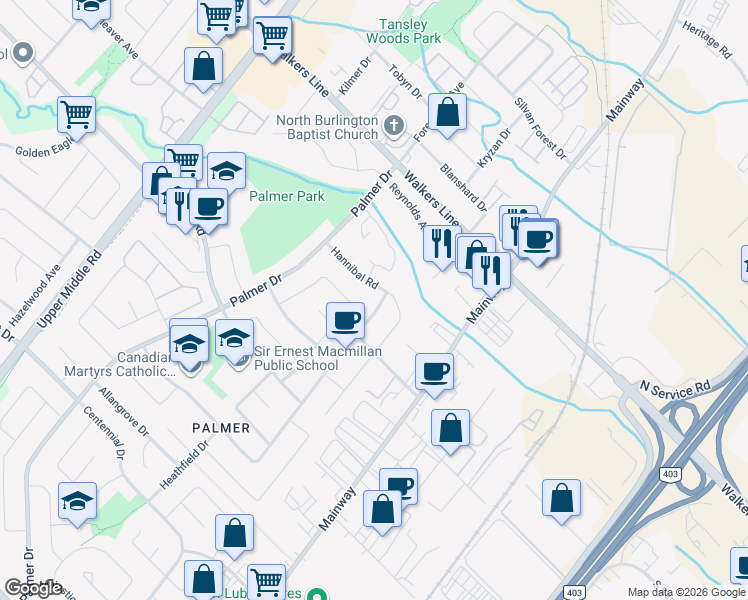 map of restaurants, bars, coffee shops, grocery stores, and more near 3427 Lansdown Drive in Burlington