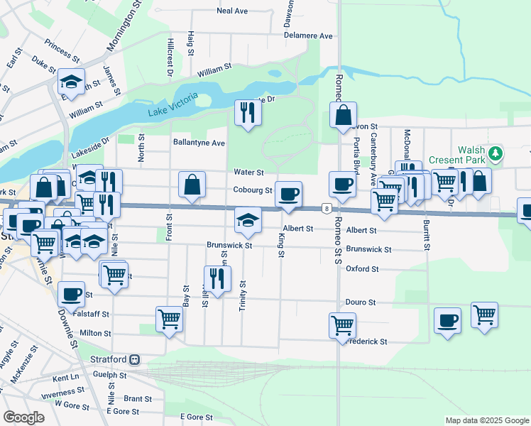 map of restaurants, bars, coffee shops, grocery stores, and more near 459 Ontario Street in Stratford