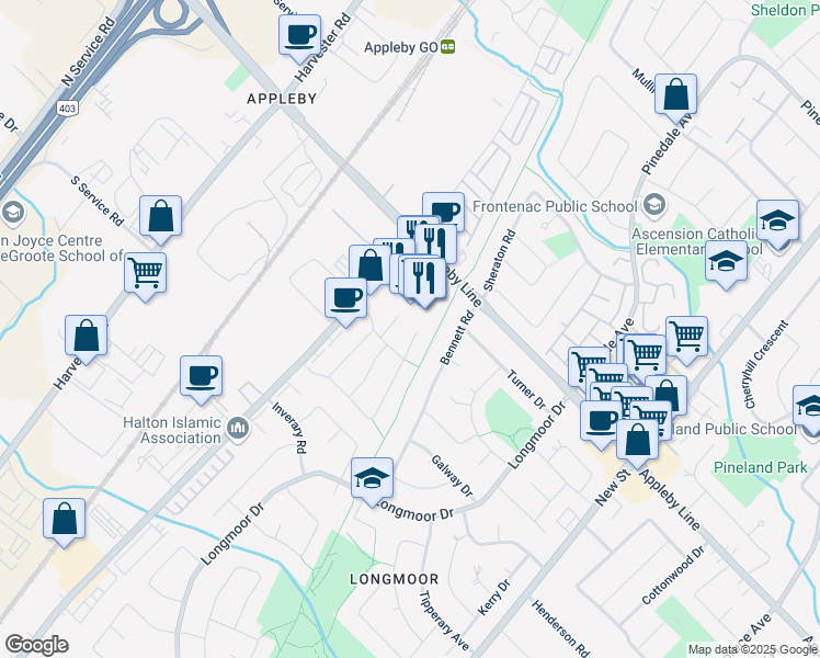 map of restaurants, bars, coffee shops, grocery stores, and more near 4486 Victory Court in Burlington