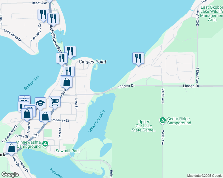 map of restaurants, bars, coffee shops, grocery stores, and more near Linden Drive in Arnolds Park