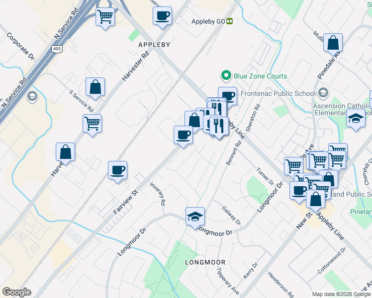 map of restaurants, bars, coffee shops, grocery stores, and more near 4422 Fairview Street in Burlington