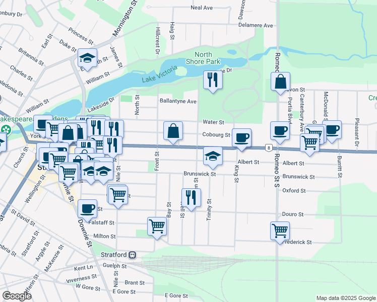 map of restaurants, bars, coffee shops, grocery stores, and more near 383 Ontario Street in Stratford