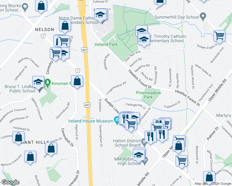 map of restaurants, bars, coffee shops, grocery stores, and more near 2139 Deerwood Drive in Burlington