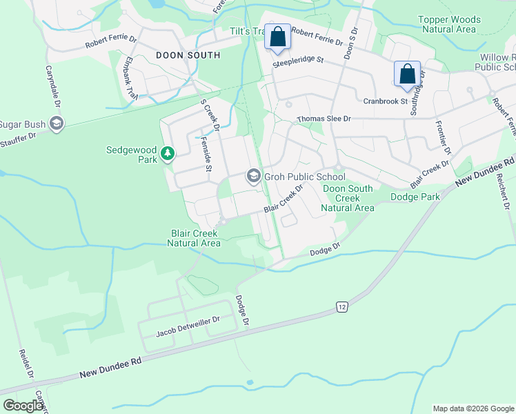 map of restaurants, bars, coffee shops, grocery stores, and more near 664 Blair Creek Drive in Kitchener