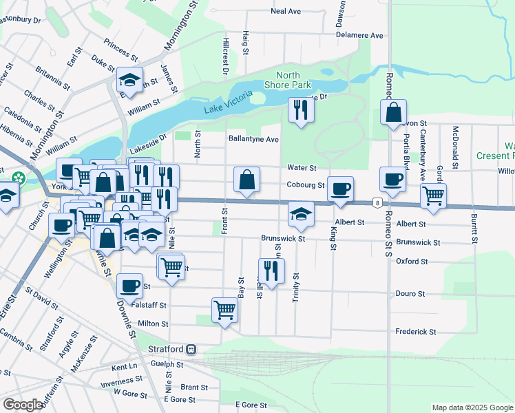 map of restaurants, bars, coffee shops, grocery stores, and more near 367 Ontario Street in Stratford