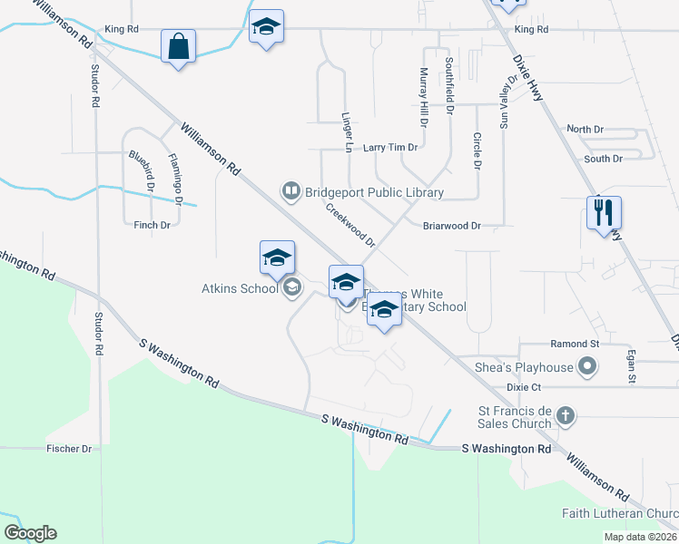 map of restaurants, bars, coffee shops, grocery stores, and more near 3625 Southfield Drive in Saginaw