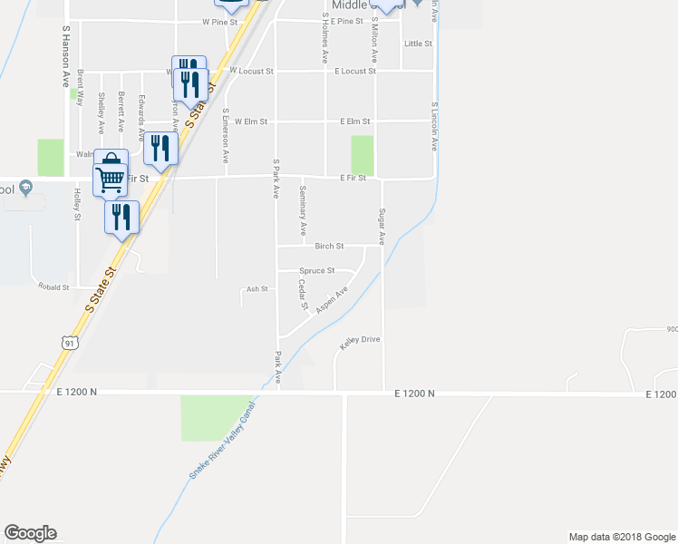 map of restaurants, bars, coffee shops, grocery stores, and more near 210 Spruce Street in Shelley