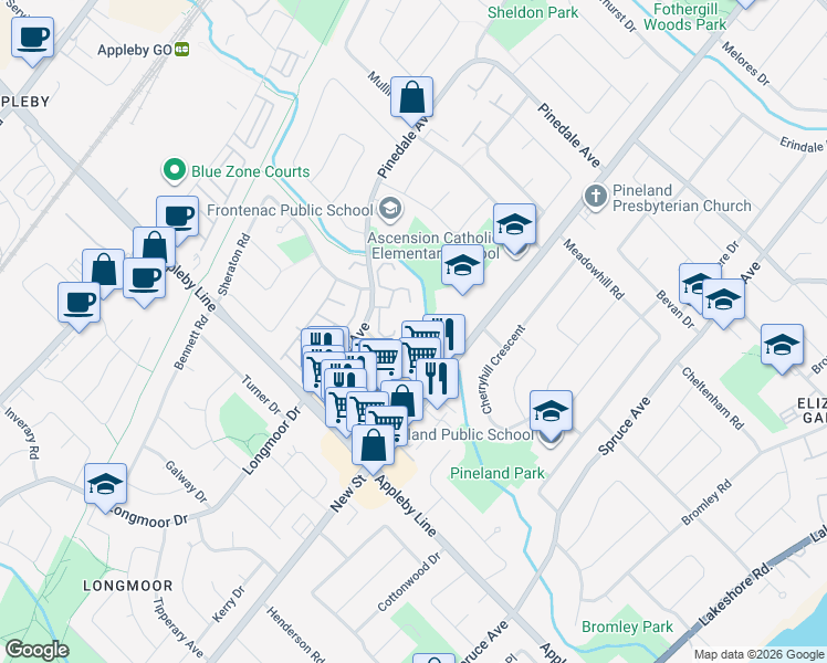 map of restaurants, bars, coffee shops, grocery stores, and more near 483 Timber Lane in Burlington