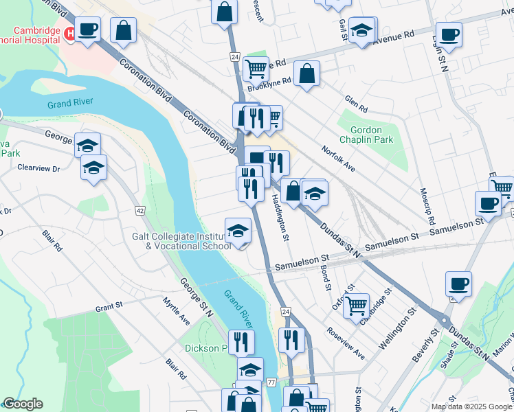 map of restaurants, bars, coffee shops, grocery stores, and more near 247 Waterloo Regional Road 24 in Cambridge