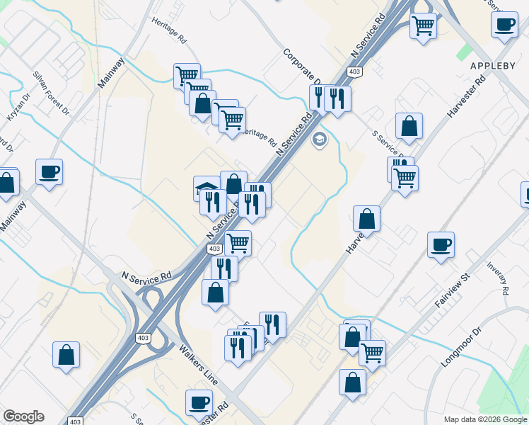map of restaurants, bars, coffee shops, grocery stores, and more near 4200 South Service Road in Burlington