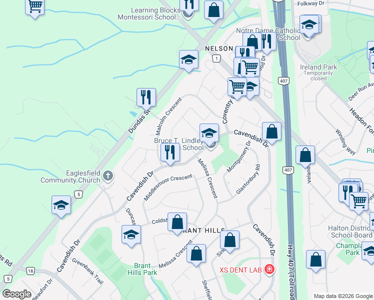 map of restaurants, bars, coffee shops, grocery stores, and more near 2358 Arnold Crescent in Burlington
