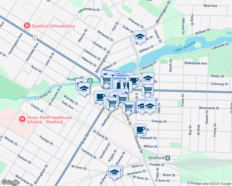 map of restaurants, bars, coffee shops, grocery stores, and more near 6 Wellington Street in Stratford