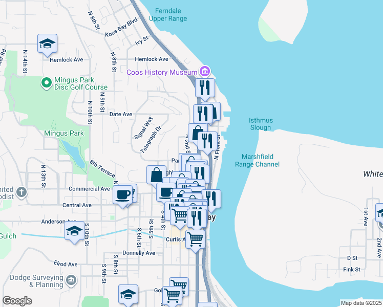 map of restaurants, bars, coffee shops, grocery stores, and more near 562 North 2nd Street in Coos Bay