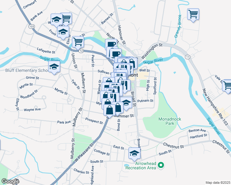 map of restaurants, bars, coffee shops, grocery stores, and more near 72 Pleasant Street in Claremont