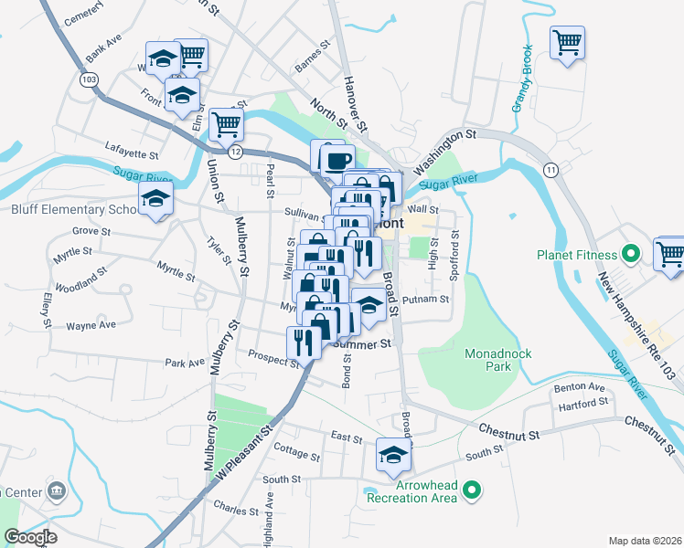 map of restaurants, bars, coffee shops, grocery stores, and more near 72 Pleasant Street in Claremont