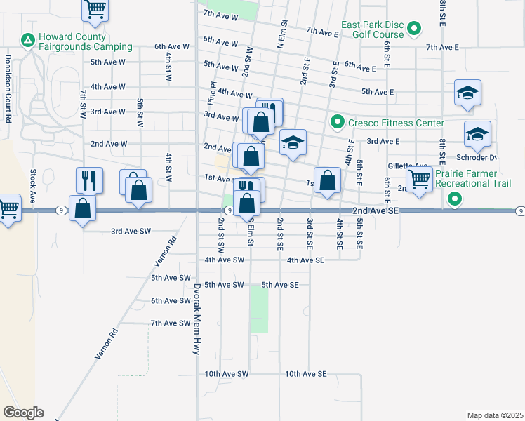 map of restaurants, bars, coffee shops, grocery stores, and more near 126 2nd Avenue Southeast in Cresco