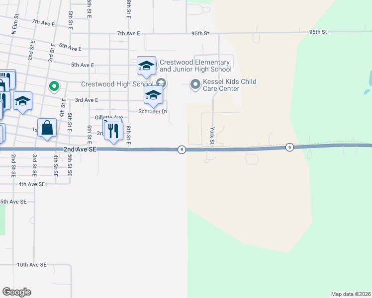 map of restaurants, bars, coffee shops, grocery stores, and more near 24837 2nd Avenue Southeast in Cresco
