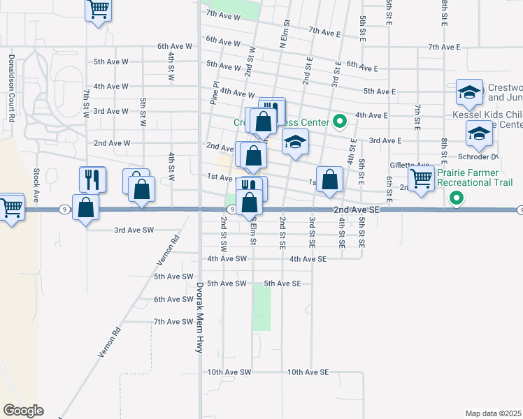 map of restaurants, bars, coffee shops, grocery stores, and more near 126 2nd Avenue Southeast in Cresco