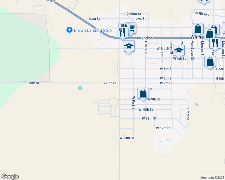 map of restaurants, bars, coffee shops, grocery stores, and more near 901 West 8th Street in Winner