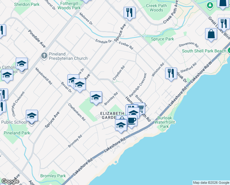 map of restaurants, bars, coffee shops, grocery stores, and more near 212 Hammersmith Court in Burlington