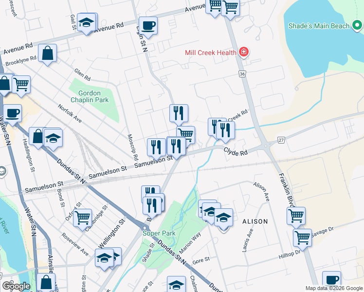 map of restaurants, bars, coffee shops, grocery stores, and more near 226 Elgin Street North in Cambridge