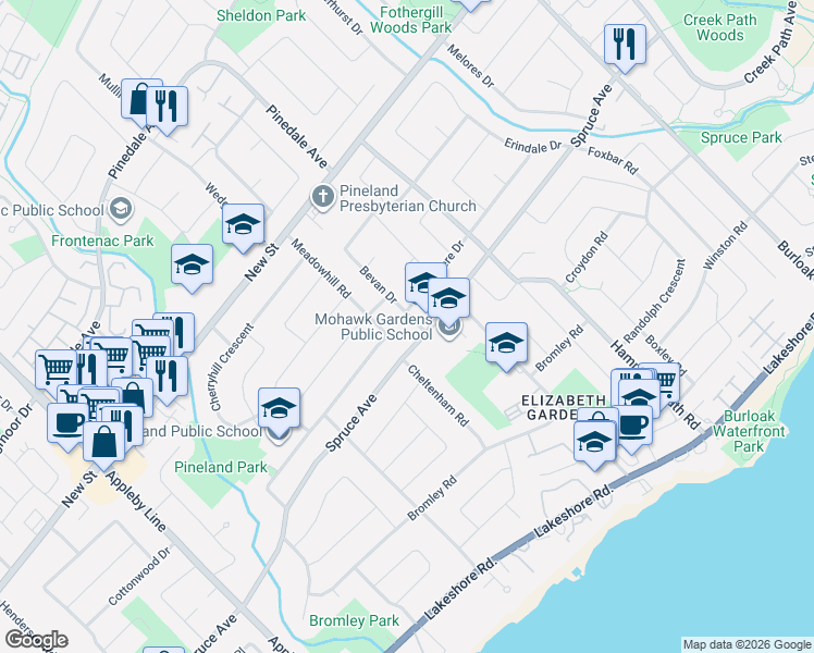 map of restaurants, bars, coffee shops, grocery stores, and more near 314 Bevan Drive in Burlington