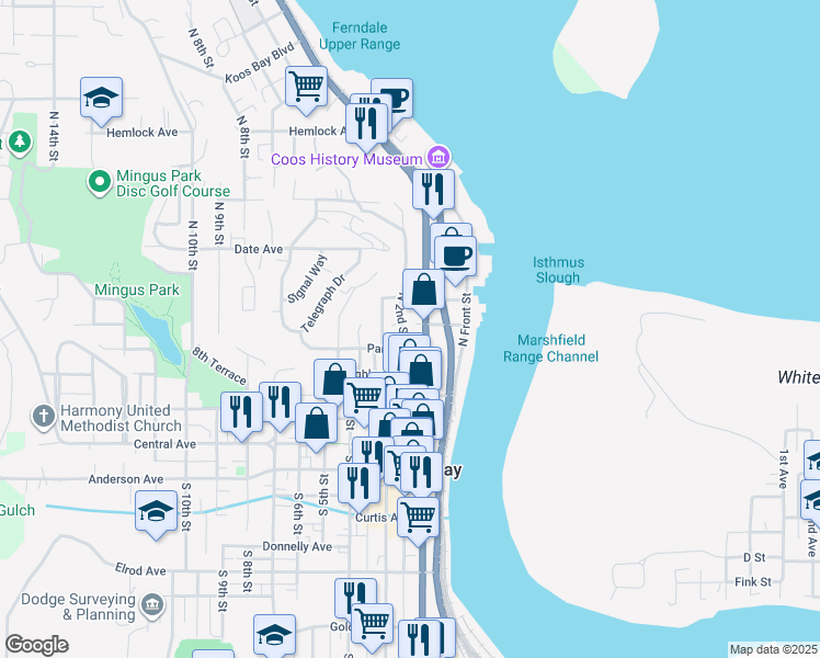 map of restaurants, bars, coffee shops, grocery stores, and more near 562 North 2nd Street in Coos Bay