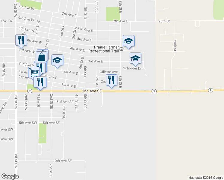 map of restaurants, bars, coffee shops, grocery stores, and more near 726 2nd Avenue Southeast in Cresco