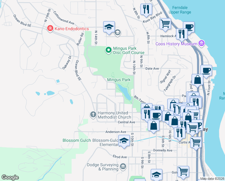 map of restaurants, bars, coffee shops, grocery stores, and more near 1235 Alder Avenue in Coos Bay