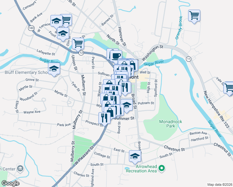 map of restaurants, bars, coffee shops, grocery stores, and more near 65 Pleasant Street in Claremont